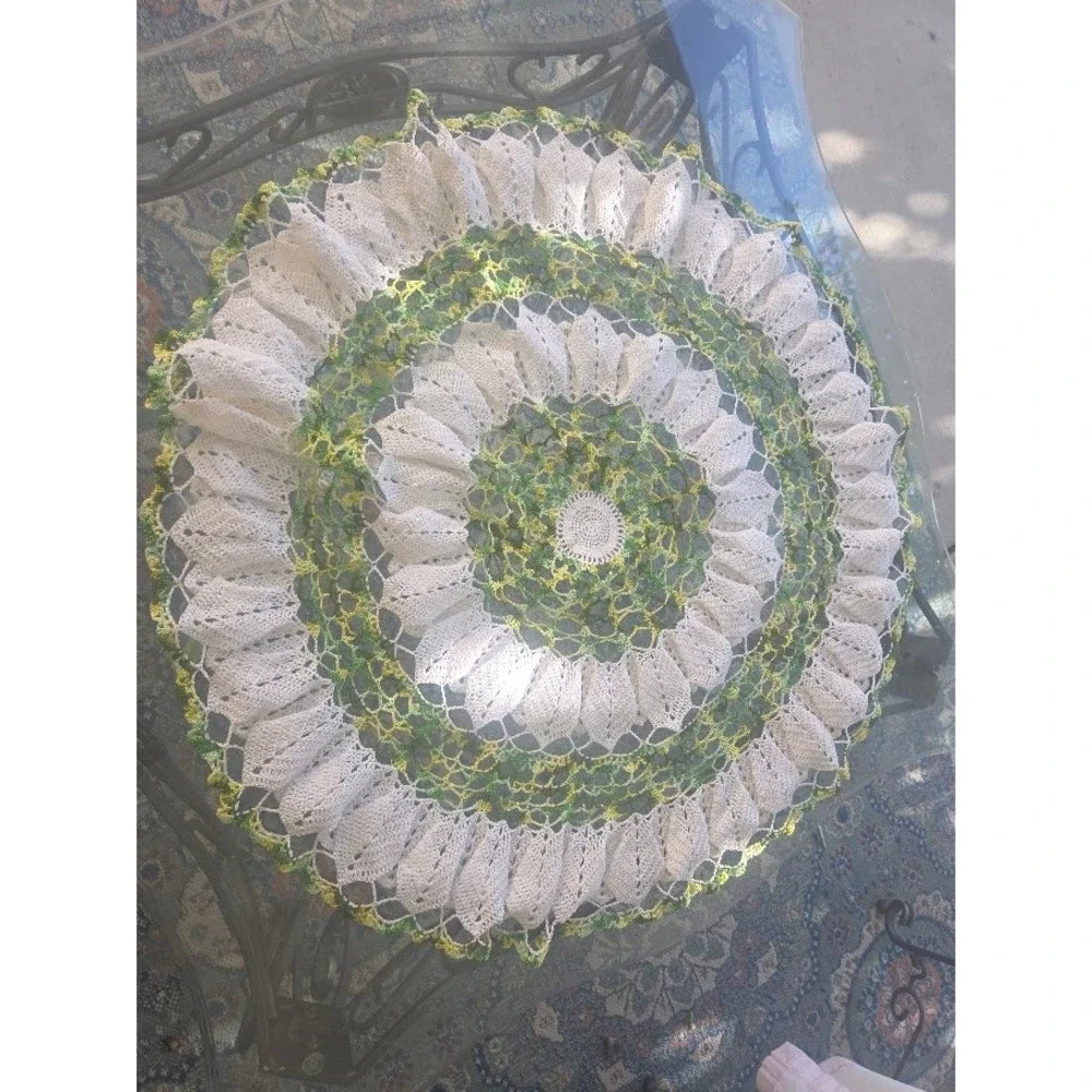 Vintage Handmade Crochet Round Doily Tablecloth White Green Yellow